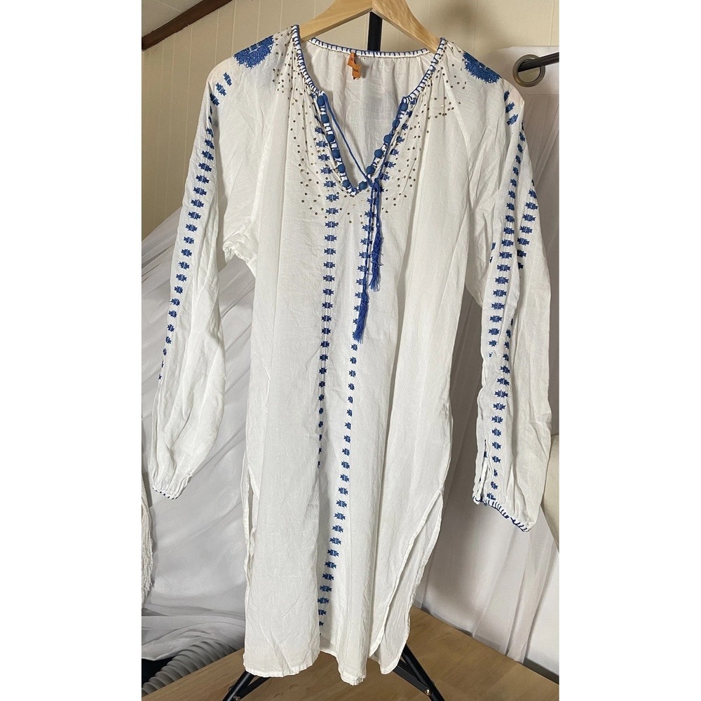 Roberta Freymann White Tunic Embroidered Blue With Gold Sequins Size Large Linen